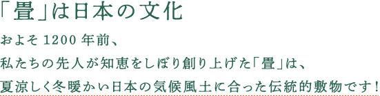 「畳」は日本の文化 - およそ1200年前、私たちの先人が知恵をしぼり創り上げた「畳」は、夏涼しく冬暖かい 日本の気候風土に合った伝統的敷物です！